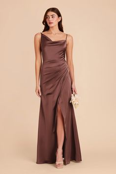 a bridesmaid in a brown dress with a slited skirt and high heels