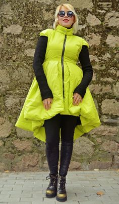 Yellow Padded Jacket with Acrylic Sleeves / Yellow Padded image 0 Winter Coat For Women, Fit And Flare Coat, Coat For Women, Collared Coat, Black Fleece, Warm Jacket, Winter Coats Women, Flared Skirt, Padded Jacket