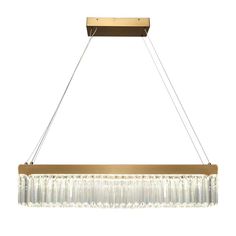 a rectangular light fixture hanging from the ceiling with clear glass beads on it's sides