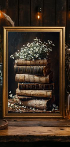 a painting of flowers and books on a table