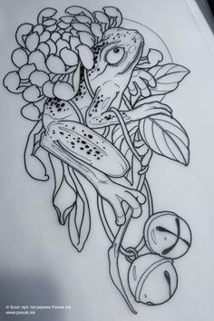 a drawing of a flower with leaves and flowers on it's side, in black ink