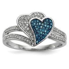 1/3 Ctw Blue & White Diamond Double Heart Ring in Sterling Silver Double Heart Ring, Diamond Heart Ring, Bow Jewelry, Double Heart, Jewelry Companies, Black Bow, Blue Diamond, Diamond Heart, Round Cut Diamond