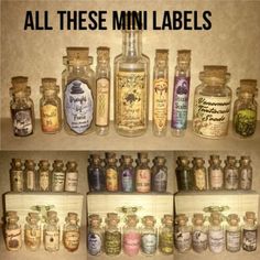 there are many bottles with labels on them and the words, all these mini labels