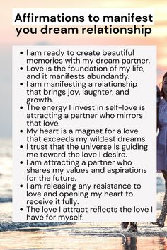 Transform your love life with positive affirmations! 🌟✨ Dive into a collection of powerful affirmations designed to manifest the dream relationship your heart desires. Whether you're seeking love, enhancing a current relationship, or embracing self-love, these affirmations will align your energy with the love you deserve. Start manifesting your dream relationship today! 💑💫 #ManifestLove #DreamRelationship #AffirmationsForLove Happy Couple Manifestation, Manifestation Prayers, Universal God, Affirmations To Attract Love, Marriage Affirmations, Power Affirmations, Manifestation Rituals, Manifesting Love