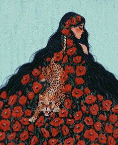 a painting of a woman with long black hair and a leopard on her back surrounded by red flowers