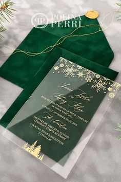 Gold Foil Acrylic wedding invitations designed in spectacular winter theme style. Green velvet envelopes enclosed. Emerald And Gold Winter Wedding, Blue Winter Wedding Invitations, Elegant Winter Wedding Invitations, Snow Wedding Invitations, Winter Wedding Invitations Snowflake