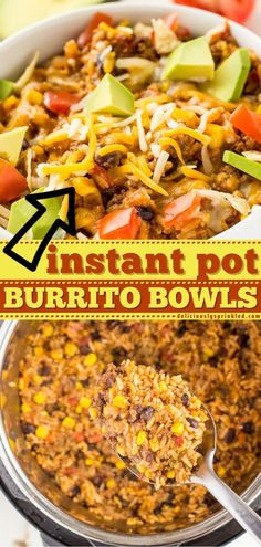 Instant Pot Burrito Bowls, instant pot, dinner, comfort food recipes Instant Pot Burrito Bowl, Instant Pot Burrito, Pressure Cooker Recipes Chicken, Beef Recipe Instant Pot, Burrito Bowls Recipe, Healthy Ground Beef, Recipe For Dinner, Burrito Bowls