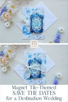 two pictures of wedding cards with blue and white flowers on the bottom, one has an ornate