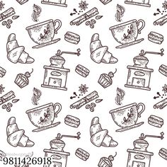 a black and white drawing of kitchen utensils