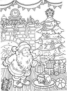 a christmas coloring page with santa and his presents in front of a tree, stockings and gifts