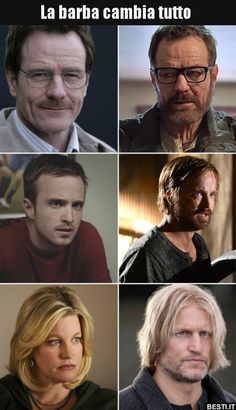 the many faces of actors in different roles, including one man with glasses and beards