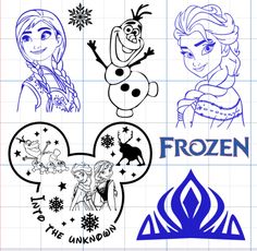 disney frozen characters drawn in blue and black ink