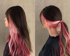 Colour Under Hair, Black Hair With Under Color, Hair Colour Streak Ideas, Black Hair With Colour Underneath, Two Colors Hair Ideas, Top And Bottom Split Dyed Hair, Pink Hair Dye Underneath, Dark Brown And Colored Hair, Black Hair With Pink Halo