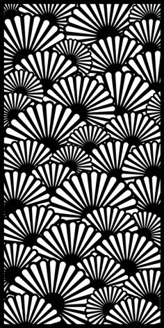 an abstract black and white pattern with large fan like shapes on the front, back and sides