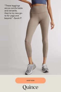 These leggings have everything needed to be your go-to workout bottoms, without compromising on looks. Perfect for low-impact workouts, yoga, travel, or just lounging. Made from recycled materials and featuring 4-way stretch for the perfect fit.  | Quince | Women's Ultra-Soft Performance Leggings in Heather Oatmeal, Size Small, Polyester Workout Bottoms, Stylish Leggings, Bottom Workout, Yoga Travel, Boyfriend Cardigan, High Neck Tank, Performance Leggings, Low Impact Workout, European Linens