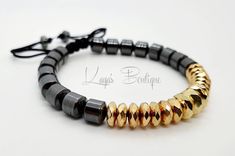 Beautiful luxury bracelet, handcrafted by myself, to a very high standard, using premium 8-10mm Hematite beads in contrasting gunmetal and gold plating. This is a 33 bead Tasbih bracelet, and can be used for dhikr when removed from the wrist.  **The beads are knotted at either end to hold them in place so they do not move along the cord, however I can make it without the knots so that they can be freely moved along the cord if you prefer (easier for larger fingers to access the beads), if you pr Beaded Hematite Bracelets For Jewelry Making, Hematite Beaded Bracelets For Jewelry Making, Adjustable Polished Hematite Beads, Hematite Bracelets With Spacer Beads For Gift, Beaded Hematite Bracelets As Gifts, Hematite Bracelet With Spacer Beads For Gifts, Hand-strung Hematite Bracelet As Gift, Hematite Spacer Beads Bracelets As Gift, Hematite Beaded Bracelets With Faceted Beads