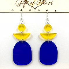 Beautiful geometric statement earrings cut from 3mm yellow and blue transparent acrylic. These are lightweight and can be dressed up or dressed down.Earrings measured 2.5 inches long and 1.25 inches wide, not counting the hooks. They can be made into clilp on earrings.Earrings will be placed in a gift box, carefully packed and shipped, perfect as a gift for yourself or a loved one.Please note colors may appear differently from device to device and from person to person.-------------------------- Trendy Yellow Plastic Earrings, Bold Yellow Drop Earrings, Modern Blue Geometric Earrings, Laser Cut Earrings Acrylics, Geometric Statement Earrings, Animal Earrings, Laser Cut Acrylic, Yellow And Blue, Earrings Statement