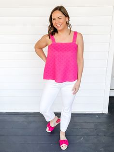 Get ready to make a statement with our Poppy Pink Patterned Sleeveless Top! With its fun fuchsia color and unique embossed pattern, this top is perfect for adding a pop of color to any outfit. Plus, the thick straps make it bra-friendly and the square neckline adds a trendy touch. With its boxy fit, you'll be comfortable and stylish all day long. Fun fuchsia pink color Unique embossed pattern Thick straps (regular bra friendly!) Square neckline, both front and back Boxy fit Available in sizes S- Pink Sleeveless Top With Adjustable Straps, Chic Pink Tops With Adjustable Straps, Pink Tank Strap Top For Spring, Pink Tank Top With Tank Straps For Spring, Chic Pink Tank Top With Adjustable Straps, Embossed Pattern, Fuchsia Color, The Square, Fuchsia Pink