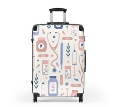 Traveling is best done in style, and suitcases help anyone do exactly that. Available in multiple sizes to accommodate your needs, they come with an adjustable handle, 360 degree swivel wheels, a safety lock, and an adjustable handle for carefree movement through airports and cities. To achieve high-resolution designs, prints go on a canvas surface that is encapsulated in the PC shell. .: Material: polycarbonate front and ABS back hard-shell .: Adjustable telescopic handle .: Two inner pockets .: Four double-wheels with 360o swivel .: Built-in lock Rectangular Protective Travel Case, Rectangular Travel Case, Modern Travel Bags With Protective Case, Modern Travel Bag With Protective Case, Traveling Nurse, Medical Icon, Travel Nursing, Swivel Wheels, Carry On Suitcase