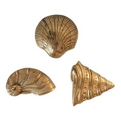 three pieces of gold colored metal with designs on them, all in the shape of seashells