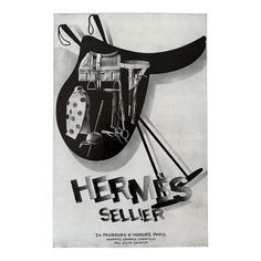 an advertisement for herms seller with scissors and other items hanging on the wall