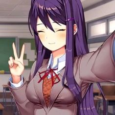 an anime character with long purple hair pointing to the side and holding her hand up