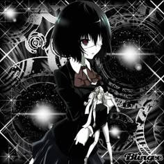 an anime character with black hair and red eyes, standing in front of a dark background