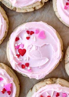 valentine's day cookies with pink frosting and hearts