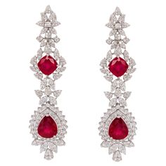 Very Fine Rubies = 13.63 Carats Diamonds = 5.25 Carats (Color: F, Clarity: VS) Metal: 18K Gold Length: 3 Inches Ruby Necklace Set, Ruby Necklace, Ruby Earrings, Pear Diamond, Modern Earrings, Modern Chandelier, Gold Gold, Modern Jewelry, Chandelier Earrings