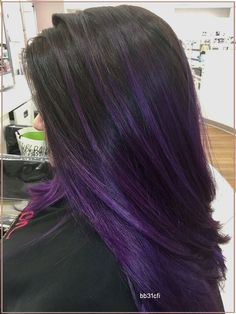 Hair Color Perpul, Purple In Dark Hair, Purple Bolyoge Hair, Purple Dye On Black Hair, Purple Balyage Long Hair, Purple Balayage Straight Hair, Hair Color Ideas Purple Highlights, Purple Ombre Hair Color For Brunettes, Purple Hair Ideas For Brunettes