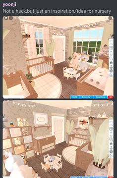 two screens showing the same room in an animated video game, one with a baby's crib