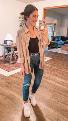 Shop our Influencers' top picks on Amazon Cute Fall Outfit Ideas Casual, Maroon Shacket Outfit, November Womens Outfits, Family Photo Outfits Mom In Jeans, Womens Casual Outfits With Sneakers, Workwear Jeans Outfit, Casual Fall Outfits For Women Sneakers, Womens Jeans And Sneakers Outfits, Jean Fall Outfits Casual