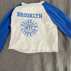 Never Worn Blue Long Sleeve T-shirt With Name Print, Long Sleeve Crop Top, Long Sleeve Tees, Blue And White, Crop Tops, Womens Tops, Tops & Tees, Long Sleeve, Blue