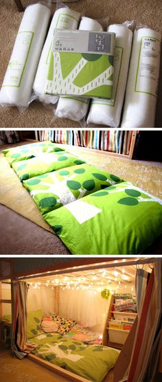 a bed with green polka dots on it in front of a book shelf filled with books