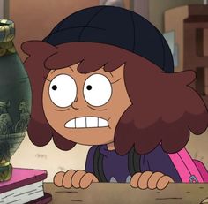 a cartoon girl looking at a vase with an evil look on it's face