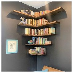 a corner book shelf in the corner of a room