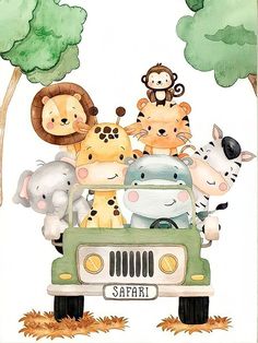 an animal family is riding in the back of a jeep