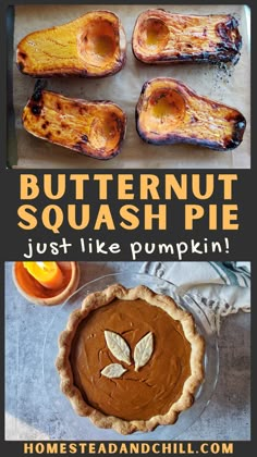 butternut squash pie with text overlay that reads, butternut squash pie just like pumpkin