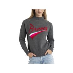 Put the focus on your Atlanta Braves spirit with this Serena pullover sweater from Lusso. Its charming Atlanta Braves graphics feature the team name knitted above a multicolor stripe design. Raglan sleeves provide ease of movement for more comfortable wearing.Put the focus on your Atlanta Braves spirit with this Serena pullover sweater from Lusso. Its charming Atlanta Braves graphics feature the team name knitted above a multicolor stripe design. Raglan sleeves provide ease of movement for more Sporty Graphic Print Sweater For Winter, Sporty Fall Sweater With Graphic Print, Sporty Graphic Print Sweater For Fall, Sporty Long Sleeve Knit Sweater, Sporty Knit Tops For Winter, Raglan Pullover, Team Name, Team Names, Atlanta Braves