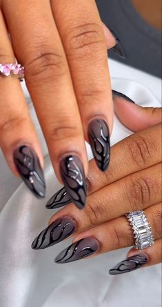 Ambre Nails, Heavenly Nails, Black Chrome Nails, Monochrome Nails, Black Almond Nails, Simple Gel Nails, Minimalist Nails, Fire Nails