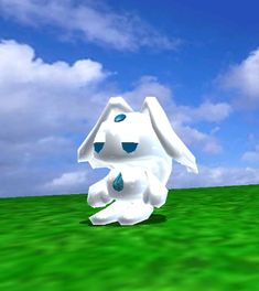 an animated white bunny sitting on top of a green grass covered field with clouds in the background