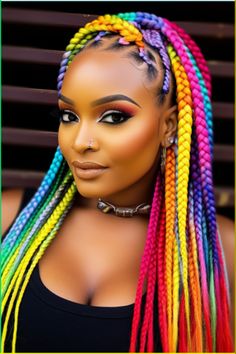 If you enjoy experimenting with looks, rainbow-colored box braids could be perfect for you. The mix of shades in this color combination allows for a vibrant and artistic expression of your personality. Click here to check out more trending box braids hairstyles for black women. Multi Color Box Braids, Crazy Braids Hairstyles, Magenta Braids, Multi Colored Box Braids, Different Color Braids, Colorful Braids For Black Women, Braids Color Combination, Colourful Braids, Colorful Box Braids