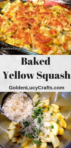 baked yellow squash with parmesan cheese in a casserole dish on a plate