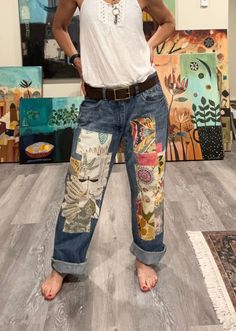 Upsize Jeans, Decorated Jeans, Bohemian Jeans, Jean Diy, Denim Applique, Distress Denim, Patched Denim, Upcycle Clothing