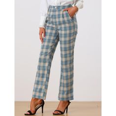 These pants are essential for dressing up or down. Lightweight fabric, covered in a plaid pattern, shapes these trendy trousers with a high-rise fit. How it is a bit high waist and how it gathers at the waist adding shape to the body. You may love everything about these trousers, from their regular fit to the elastic high-waist, which could double as a hiding mechanism for women with love handles. Style these trousers with a crop top and heels for the ultimate look. This fashionable and trendy c Tailored Plaid Casual Bottoms, Plaid Straight Leg Pants For Work, Plaid Straight Leg Work Pants, Tailored Plaid Bottoms For Office, Plaid Bottoms With Pockets For Business Casual, Casual Plaid Bottoms With Button Closure, Tailored Casual Plaid Pants, Casual Plaid Bottoms With Welt Pockets, Plaid Trousers For Office