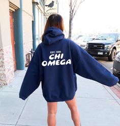 Soft, cute, and trendy, this Chi Omega hoodie will quickly become your go-to cozy sweatshirt! Use the drop down to specify preference between carolina blue, navy, royal blue, pink, chocolate, or red. LISTING IS FOR CHI OMEGA. Please be sure you are ordering for your correct Sorority.  We print on high quality, soft, & heavyweight materials, sustainably made and printed in the US. ♥ SIZING ♥ Unisex Sizing- For a more feminine, fitted look we recommend getting your size. For a more oversized look, Alpha Phi Sweatshirt, Alpha Alpha, Bubble Font, Theta Phi Alpha, Sorority Sweatshirts, Alpha Omega, Big Little Gifts, Alpha Sigma Alpha, Pink Chocolate