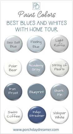 the best blue and white paint colors for home decor with text overlaying it