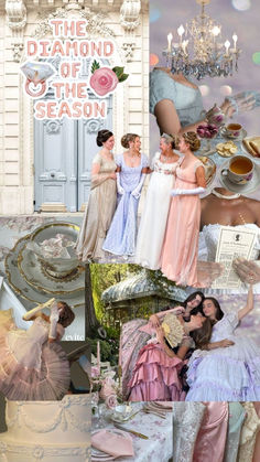 the diamond of the season collage shows women dressed in period dresses and gowns