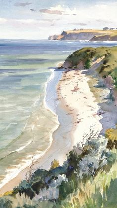 watercolor painting of the beach and ocean