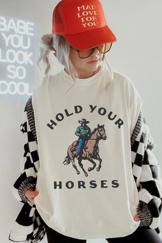 This western themed shirt is so comfortable, you'll want to wear it everywhere. It's great for lounging around the house, but you can also dress it up with a pair of boots and a hat. Shirt Outfit Ideas, Hold Your Horses, Horse T Shirts, Retro Prints, Western Shirts, Waist Length, Flat Surface, Oversized Tshirt, Stretchy Fabric